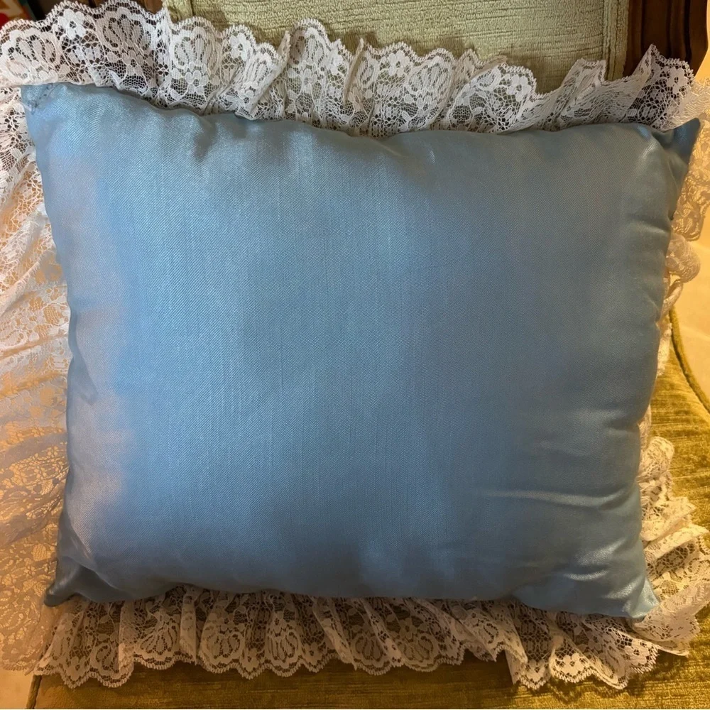 Handmade VTG Victorian Pillow Blue Cross-Stitch Doll Teddy Kitty Lace Trim - Picture 6 of 8